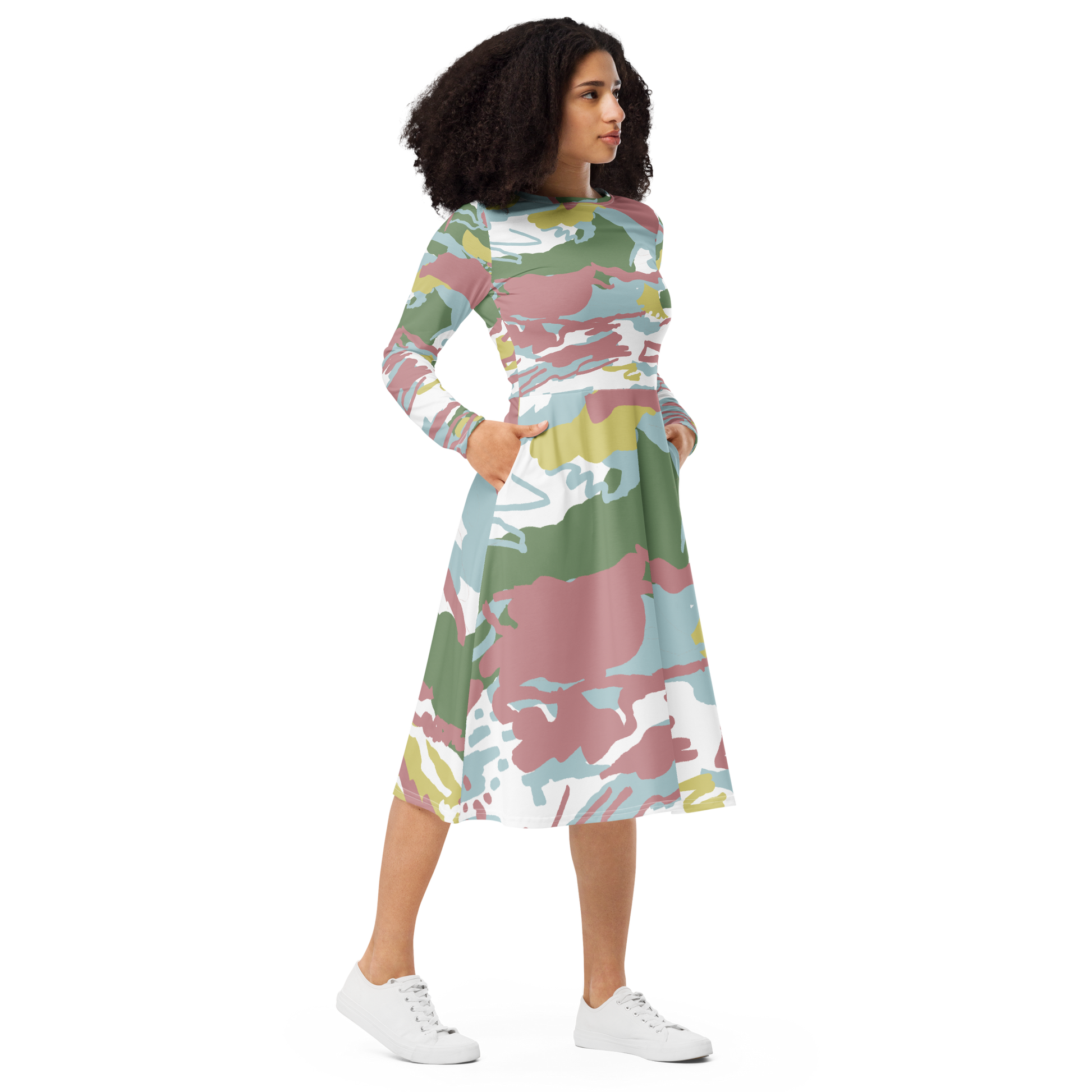 Green Pink Camo Dress - Abstract Midi Comfort - Tag & Stitch Green Pink Camo Dress - Abstract Midi Comfort - Tag & Stitch