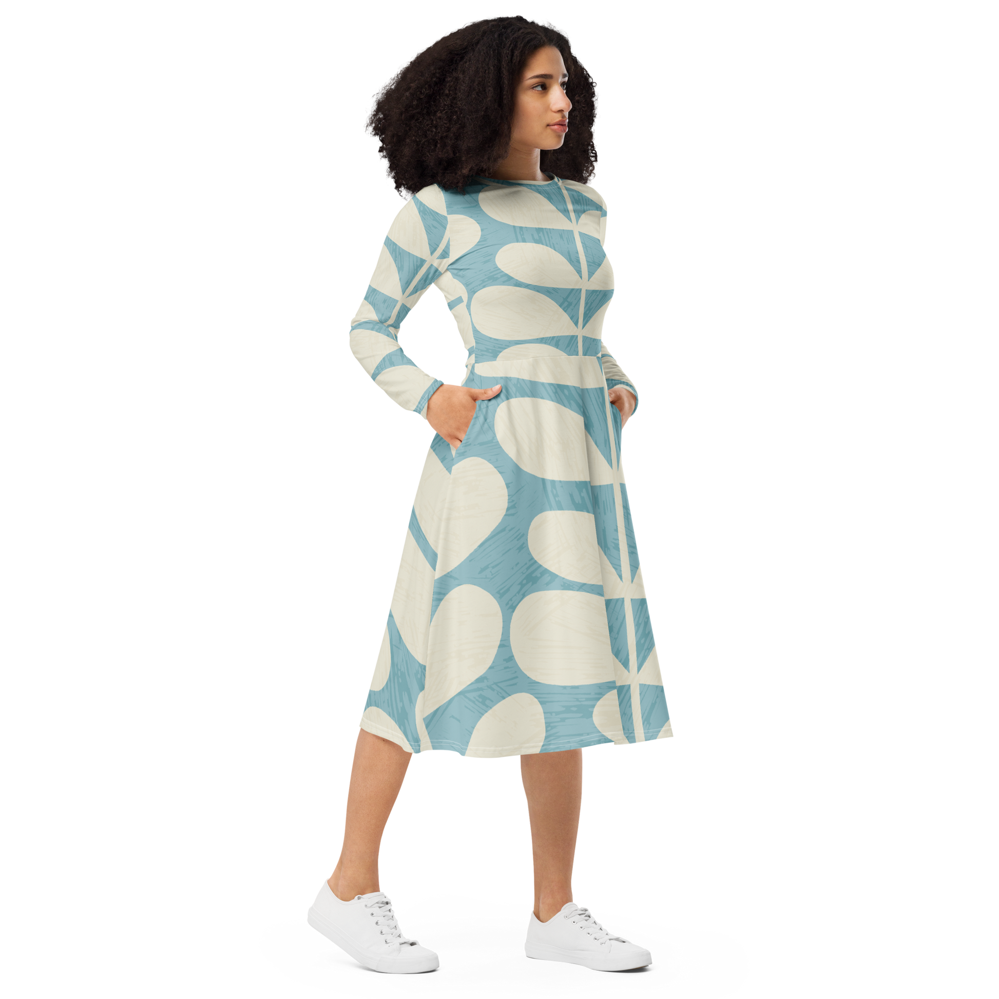 Blue Cream Leaf Print Dress - Abstract Autumn Midi - Size S Blue Cream Leaf Print Dress - Abstract Autumn Midi - Size S