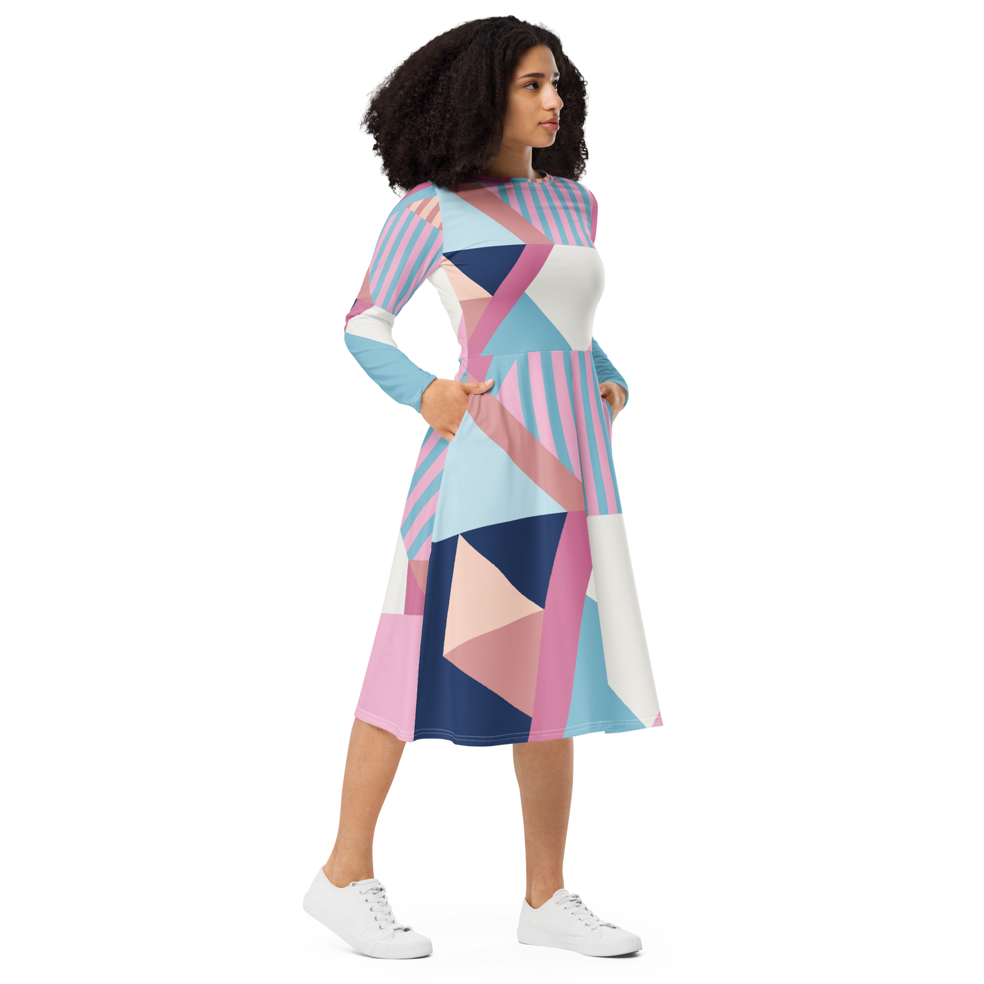 long sleeve pastel dress Blue Geometric Midi Dress - Abstract Pastel Pattern - Size XL