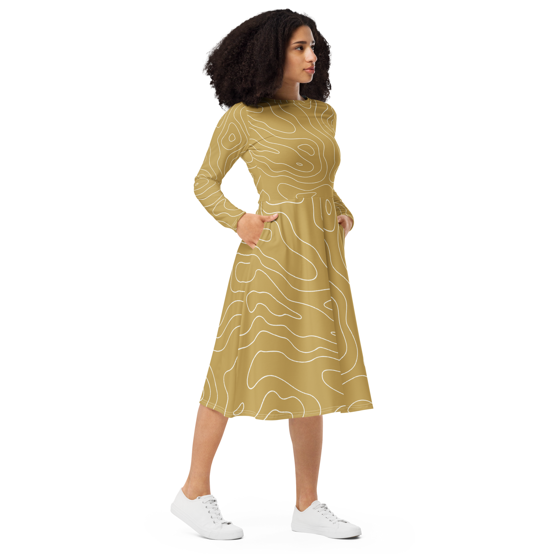 Casual Beige Midi Dress - Contour Print Ochre - Size M | Tag & Stitch Casual Beige Midi Dress - Contour Print Ochre - Size M | Tag & Stitch