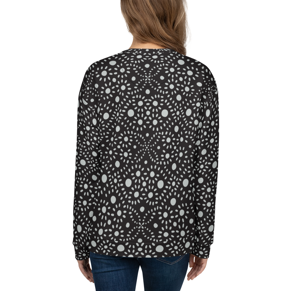 Black sweatshirt with symmetrical white dot cosmic pattern throughout the fabric.