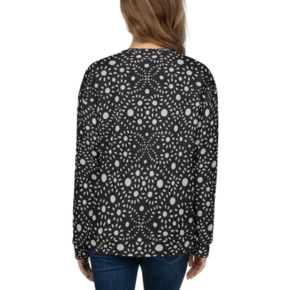 Black sweatshirt with symmetrical white dot cosmic pattern throughout the fabric.