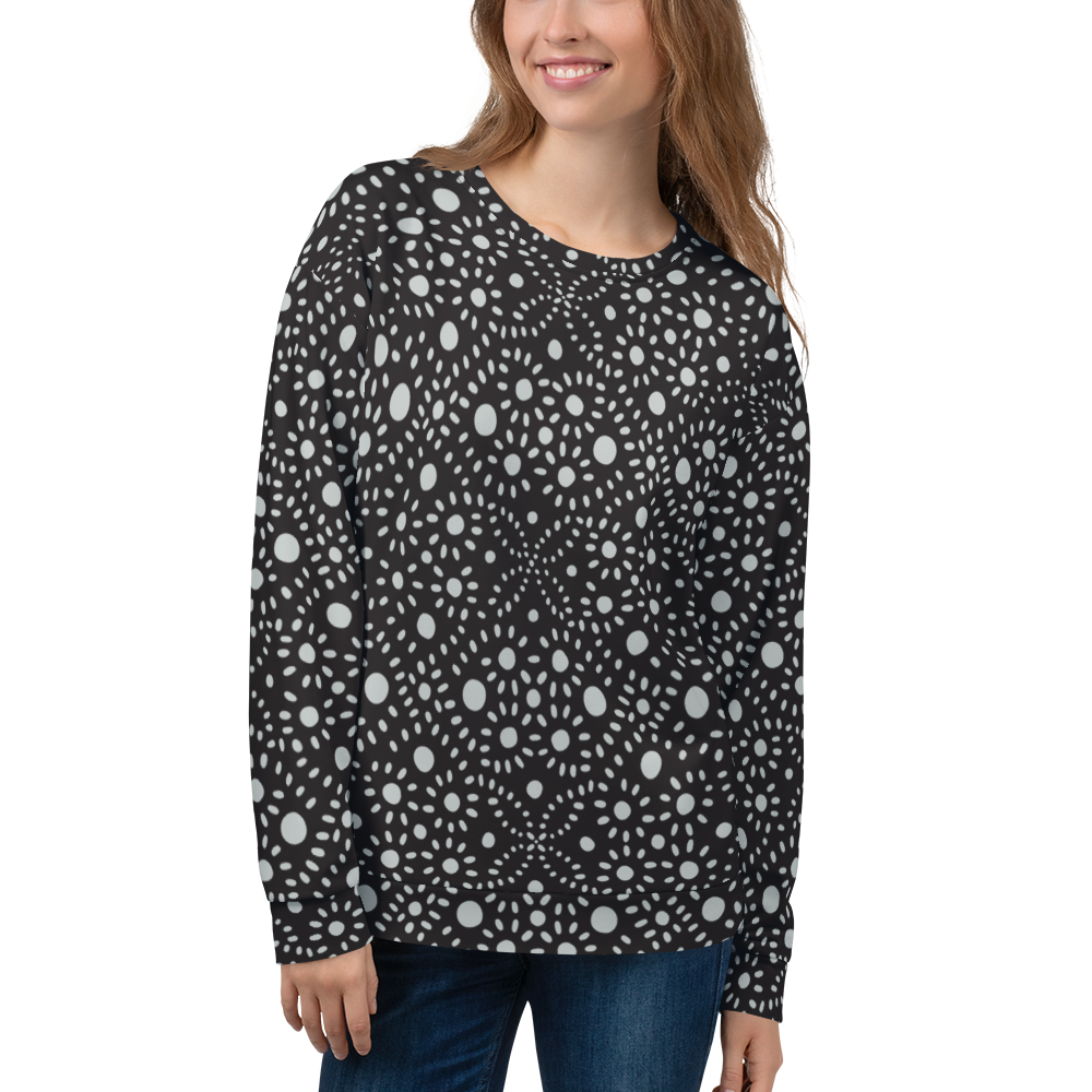 Black sweatshirt with symmetrical white dot pattern throughout the fabric.