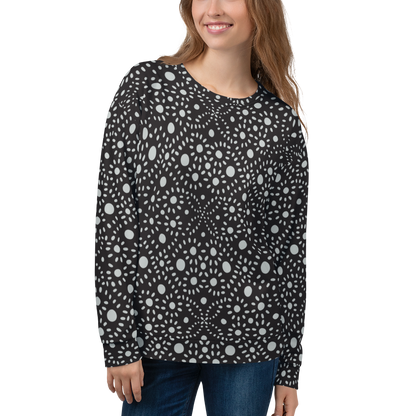 Black sweatshirt with symmetrical white dot pattern throughout the fabric.