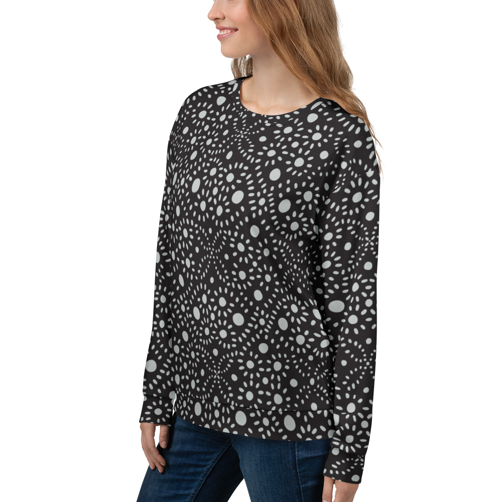 Black sweatshirt with white symmetrical dot pattern throughout the fabric.