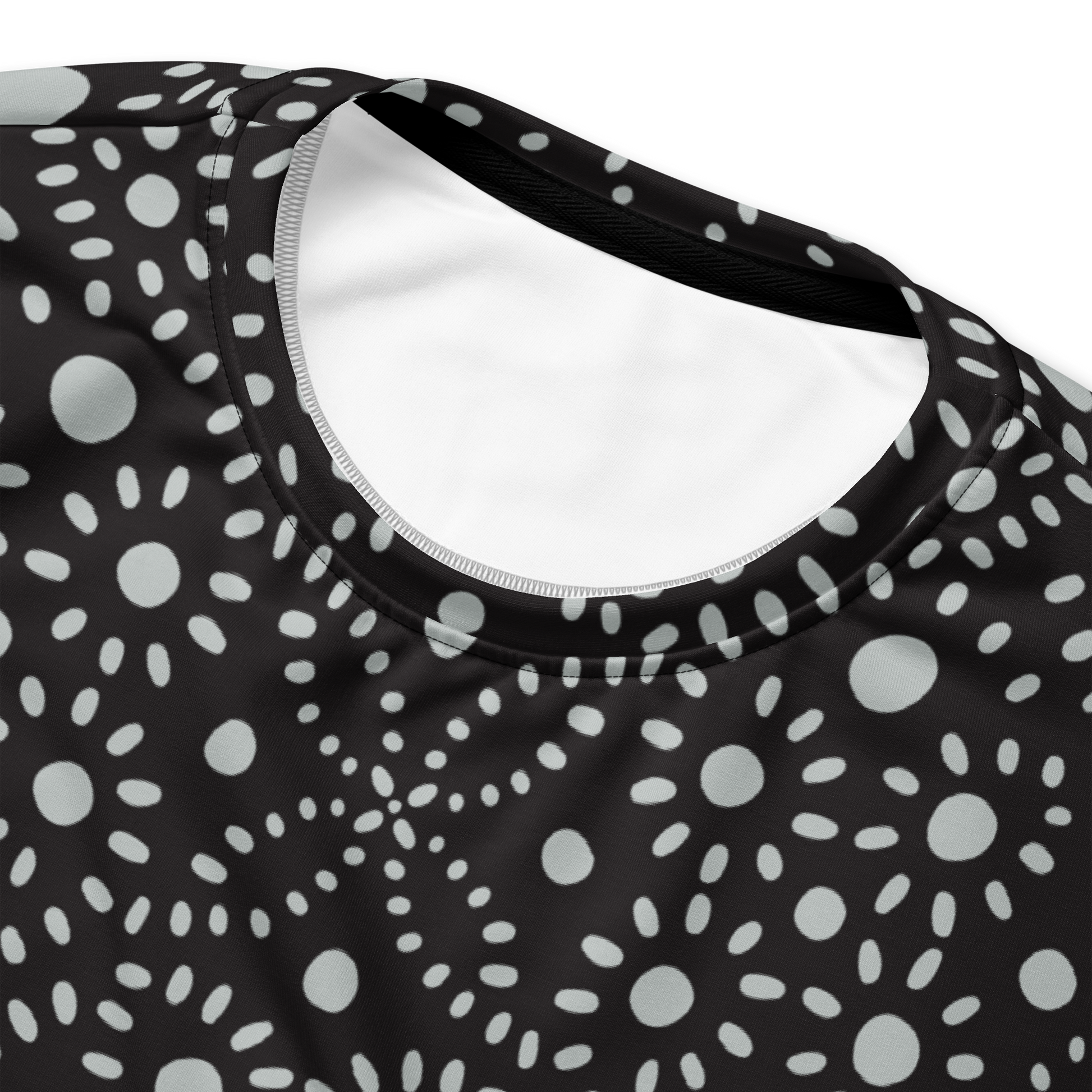 Black sweatshirt with white symmetrical cosmic dot pattern around the neckline.