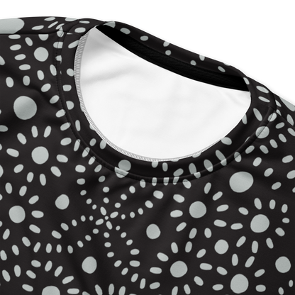 Black sweatshirt with white symmetrical cosmic dot pattern around the neckline.