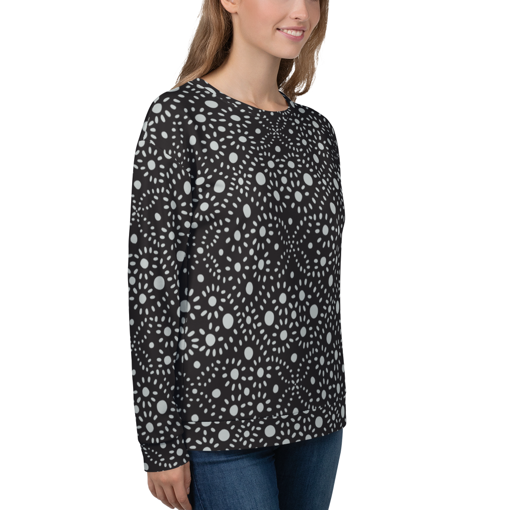 Black sweatshirt with symmetrical white dotted cosmic pattern throughout the fabric.