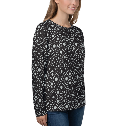 Black sweatshirt with symmetrical white dotted cosmic pattern throughout the fabric.