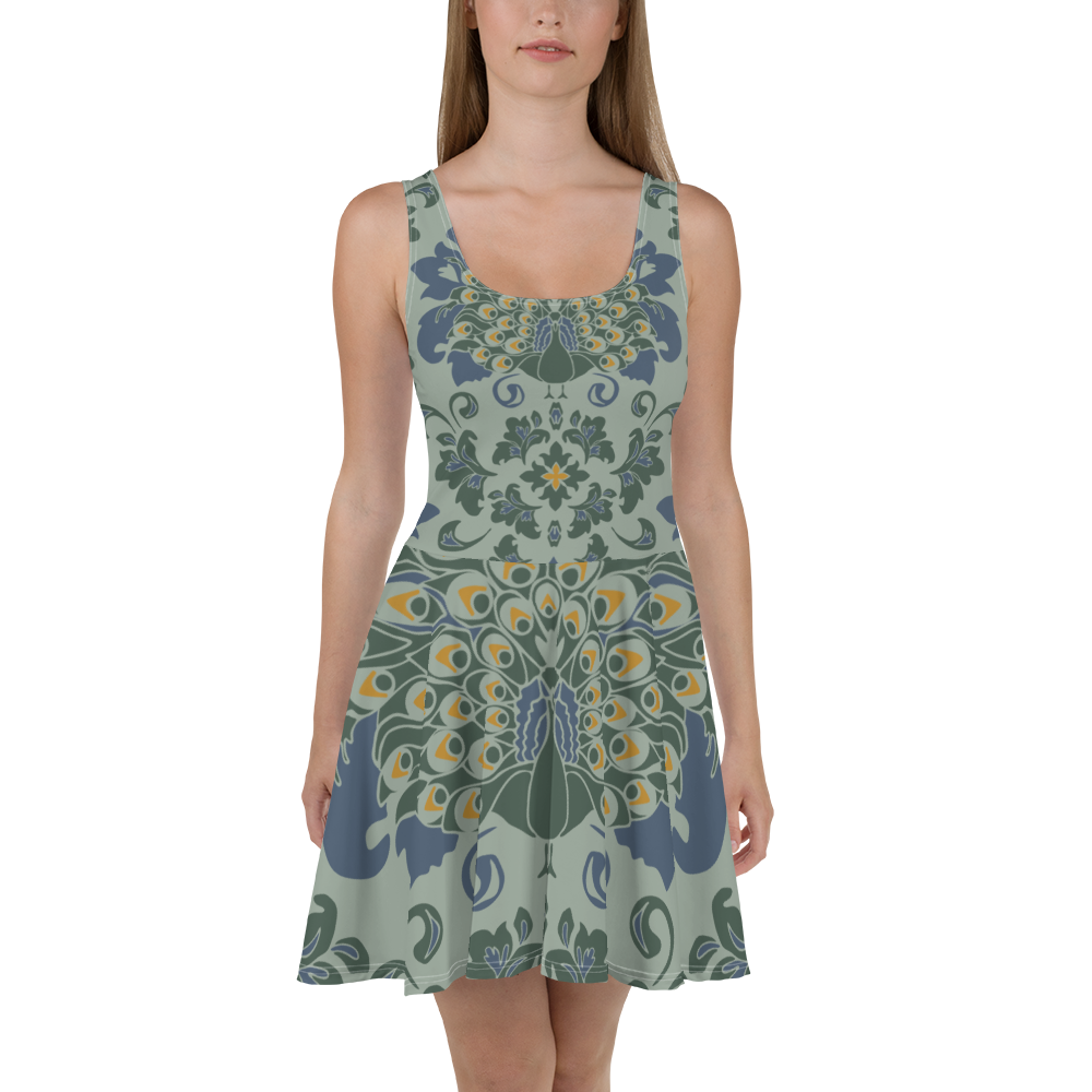 Green Peacock Print Dress - Nature Motif Skater - Size XL | Tag & Stitch Green Peacock Print Dress - Nature Motif Skater - Size XL | Tag & Stitch