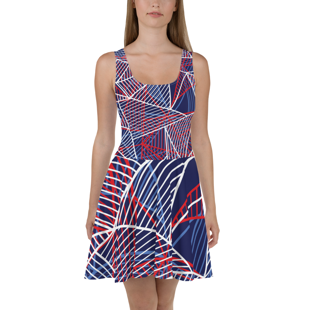 Blue Geometric Skater Dress - Patriotic Abstract Lines - Size S | Tag & Stitch Blue Geometric Skater Dress - Patriotic Abstract Lines - Size S | Tag & Stitch