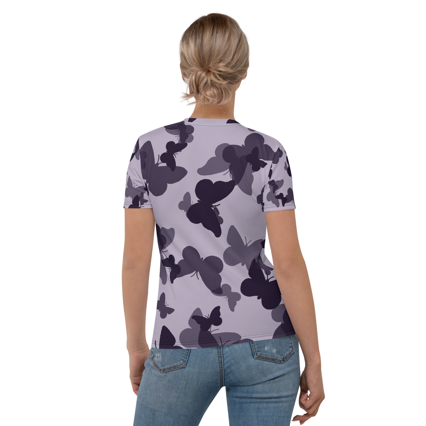 Lavender crew neck T-shirt with scattered dark butterfly silhouettes pattern.