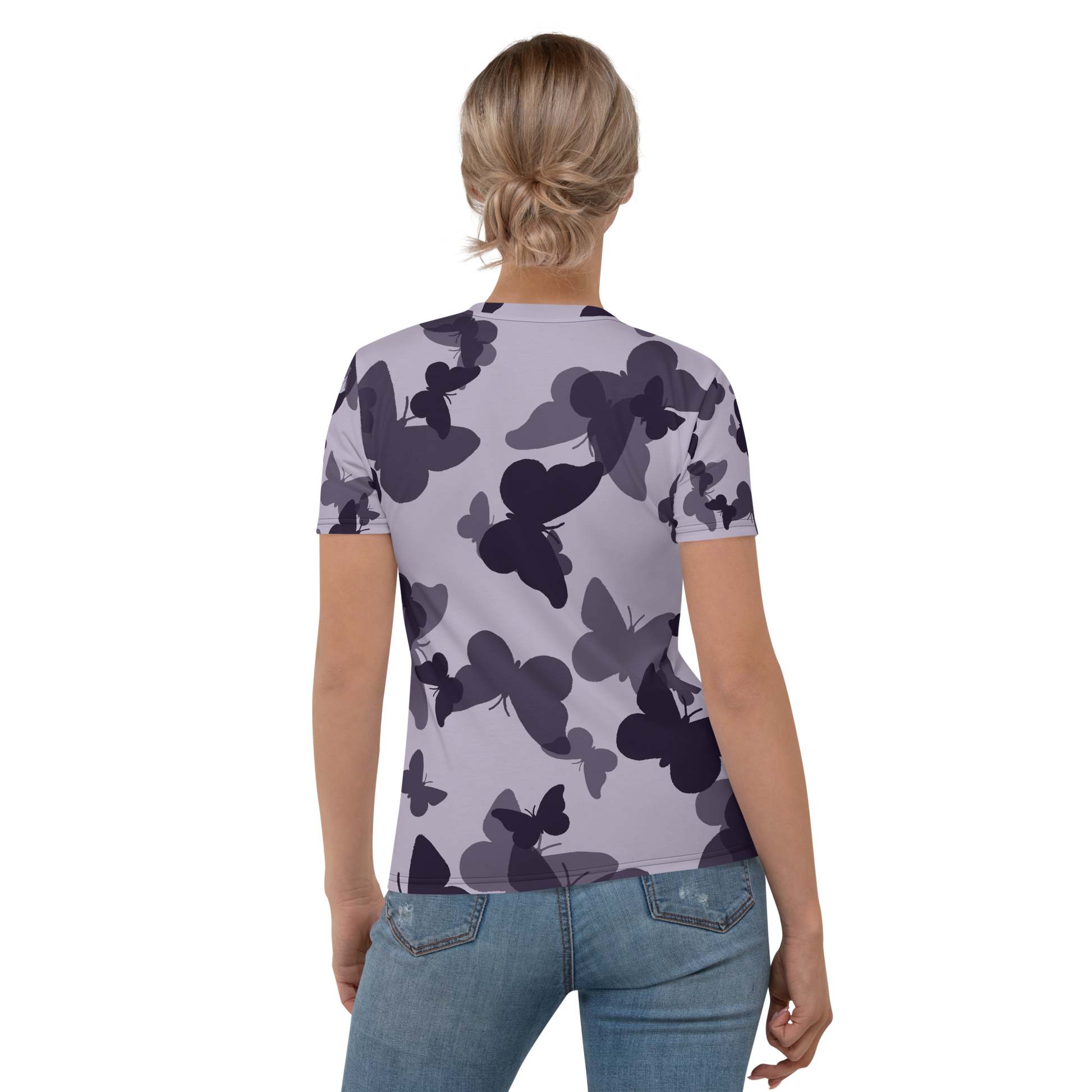 Lavender crew neck T-shirt with scattered dark butterfly silhouettes pattern.