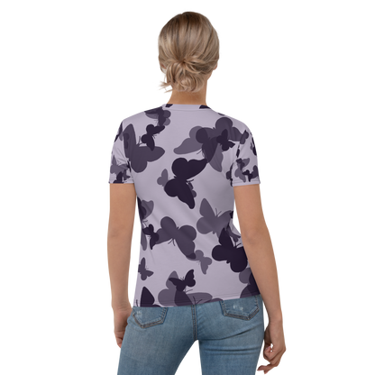 Lavender crew neck T-shirt with scattered dark butterfly silhouettes pattern.