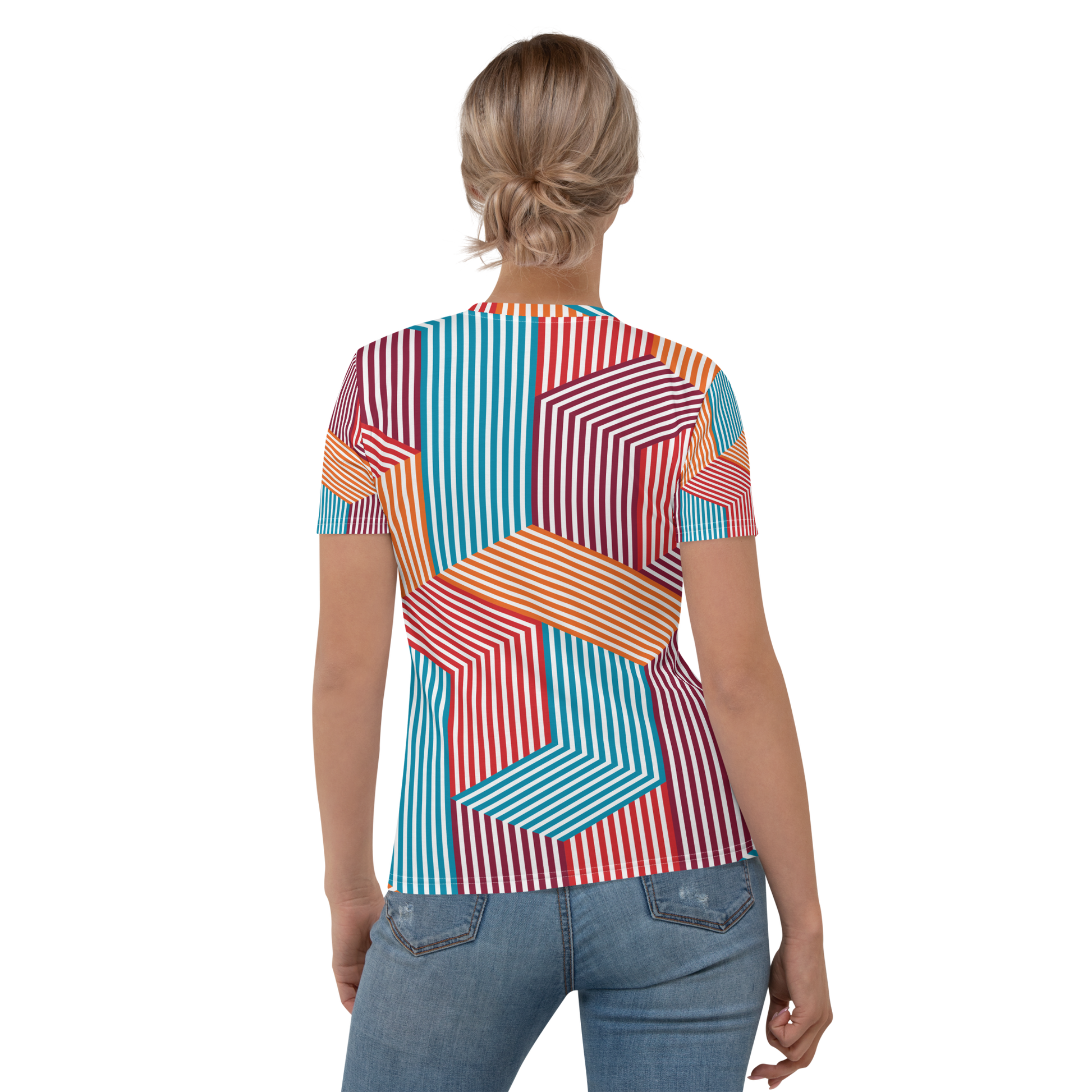 Colorful geometric striped crew neck t-shirt in turquoise, red, and orange.