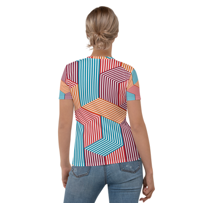 Colorful geometric striped crew neck t-shirt in turquoise, red, and orange.