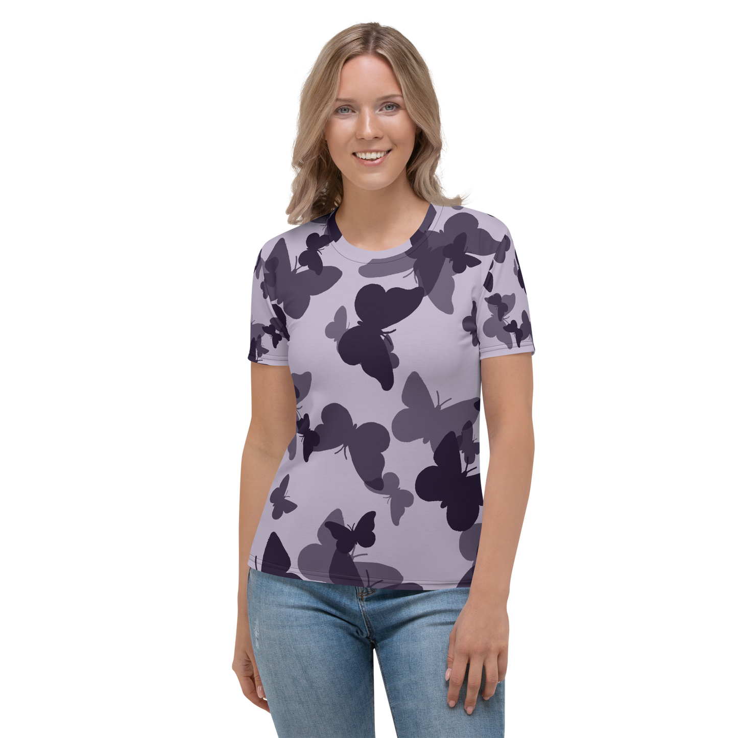 Lavender crew neck T-shirt with dark purple butterfly silhouette pattern throughout.
