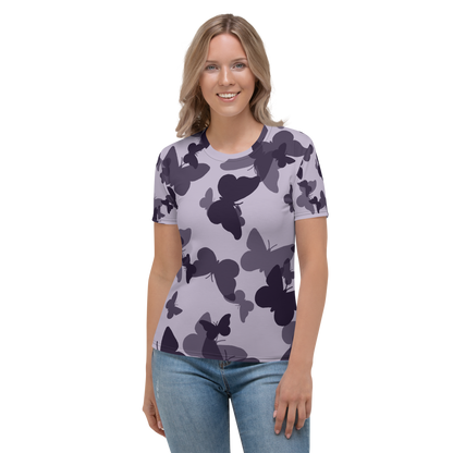 Lavender crew neck T-shirt with dark purple butterfly silhouette pattern throughout.
