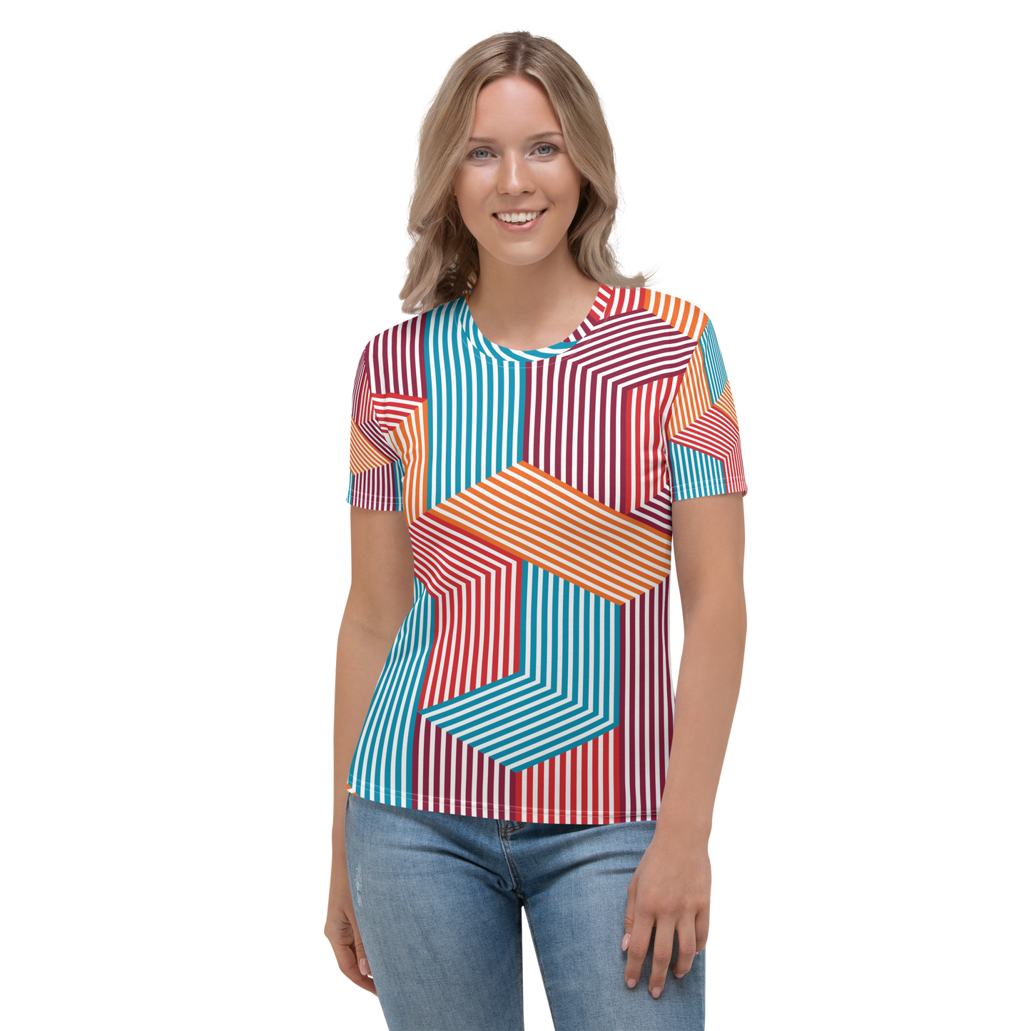 Crew neck t-shirt with angular stripes in turquoise, red, orange, and blue.