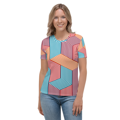 Crew neck t-shirt with angular stripes in turquoise, red, orange, and blue.