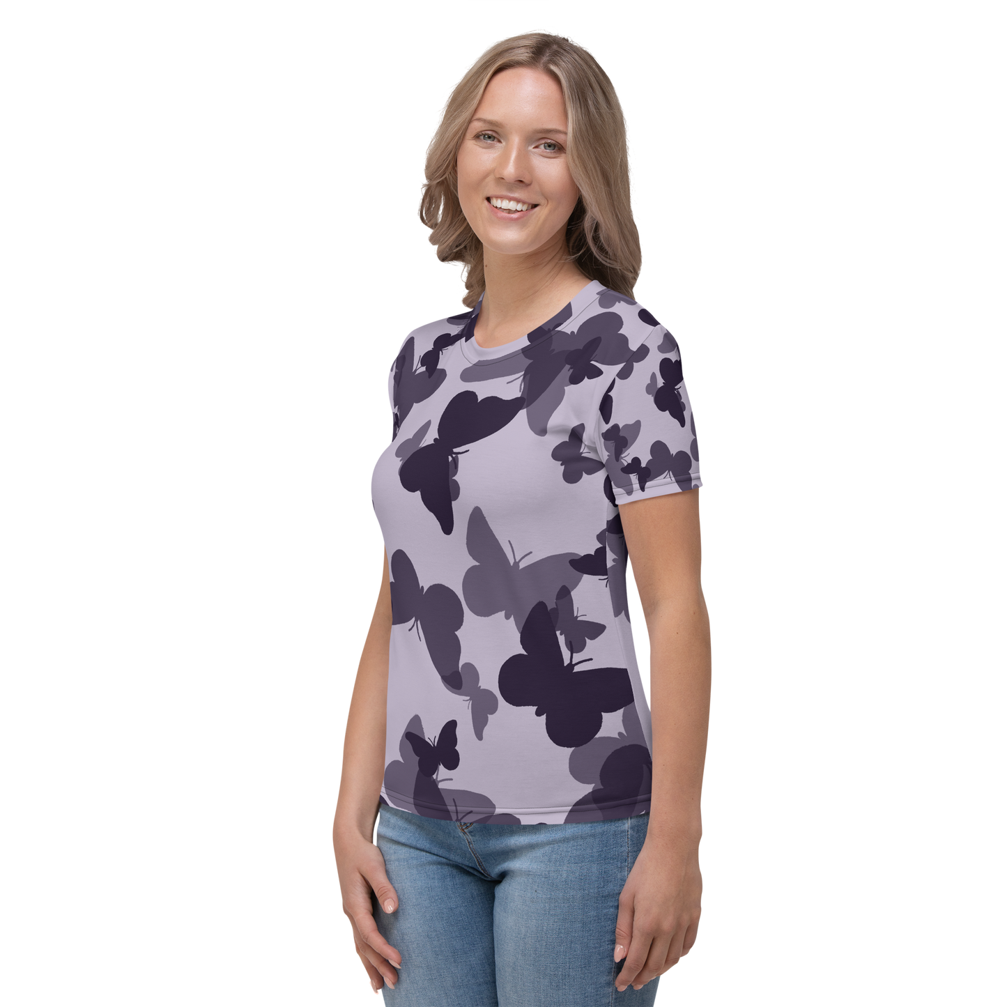 Lavender crew neck t-shirt with large dark butterfly silhouette pattern.