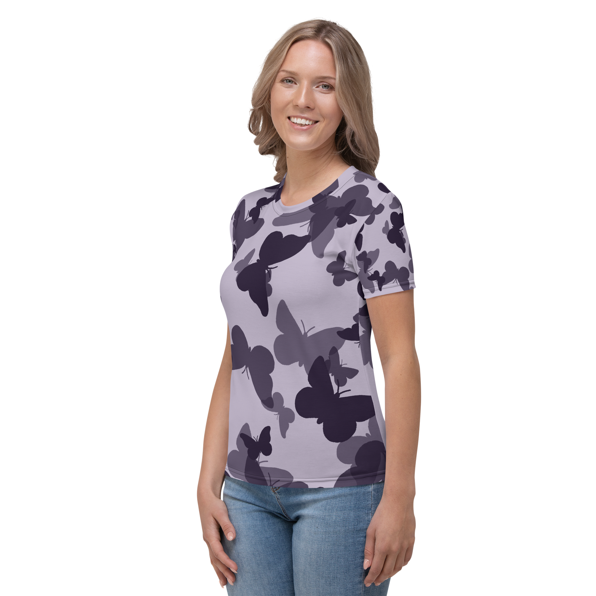 Lavender crew neck t-shirt with large dark butterfly silhouette pattern.