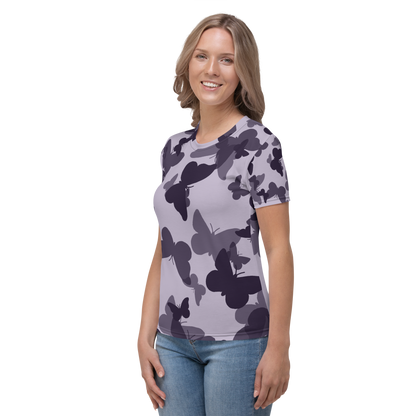 Lavender crew neck t-shirt with large dark butterfly silhouette pattern.