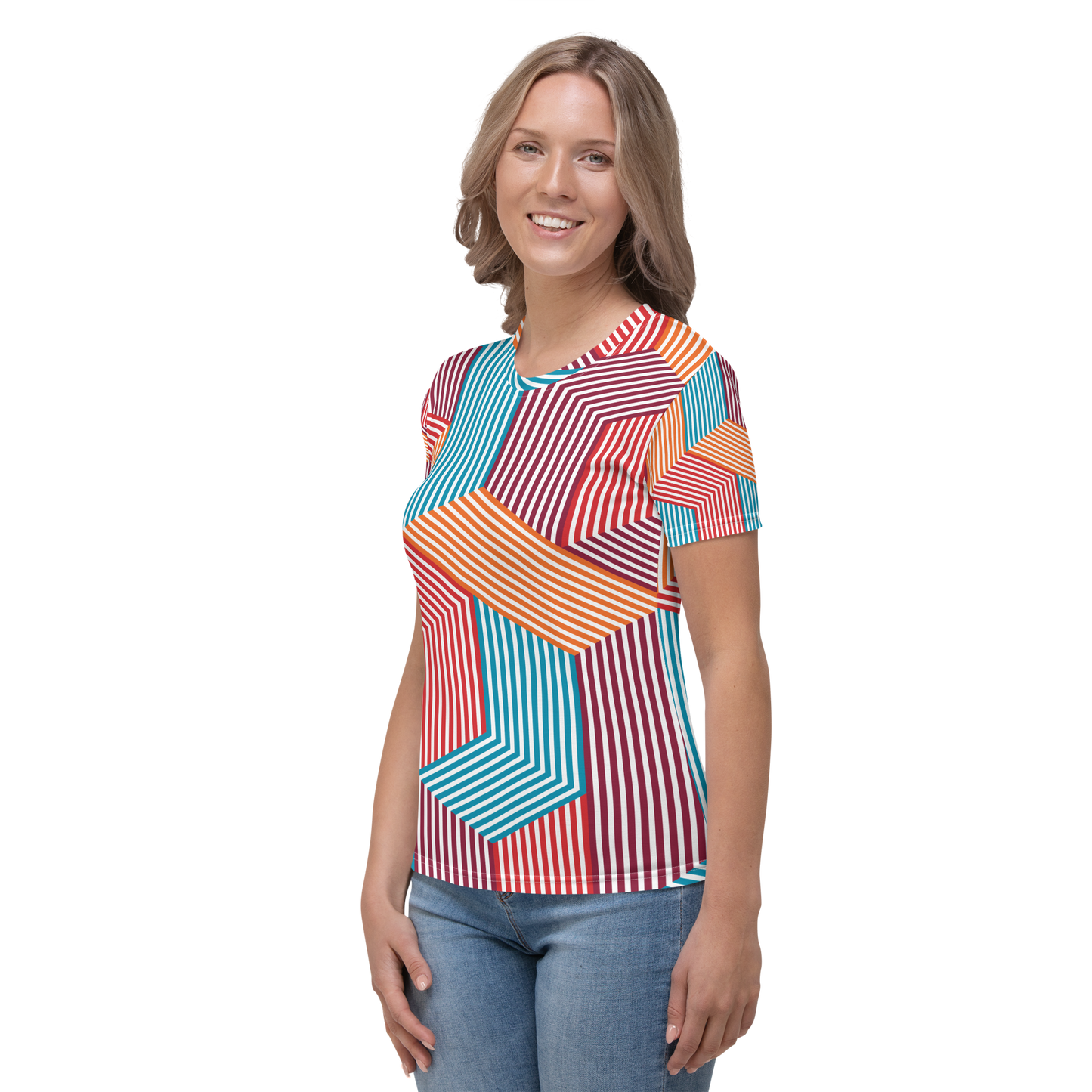 Crew neck t-shirt with angular stripes in turquoise, red, and orange.