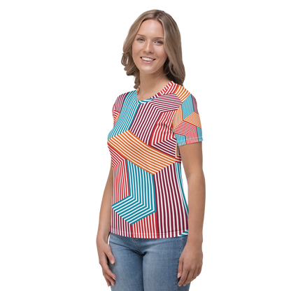 Crew neck t-shirt with angular stripes in turquoise, red, and orange.