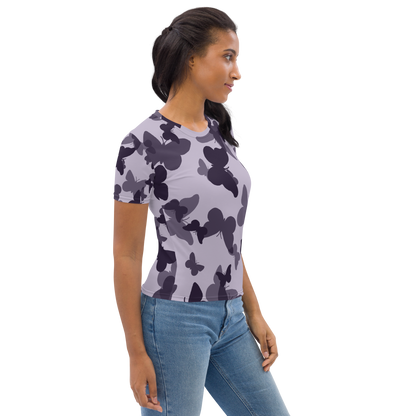 Light purple crew neck T-shirt with dark butterfly silhouettes pattern throughout.