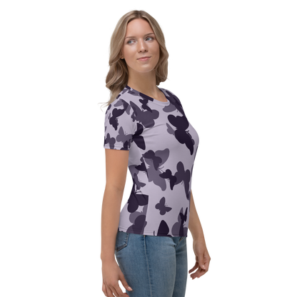 Lavender crew neck t-shirt with dark purple butterfly silhouette pattern.