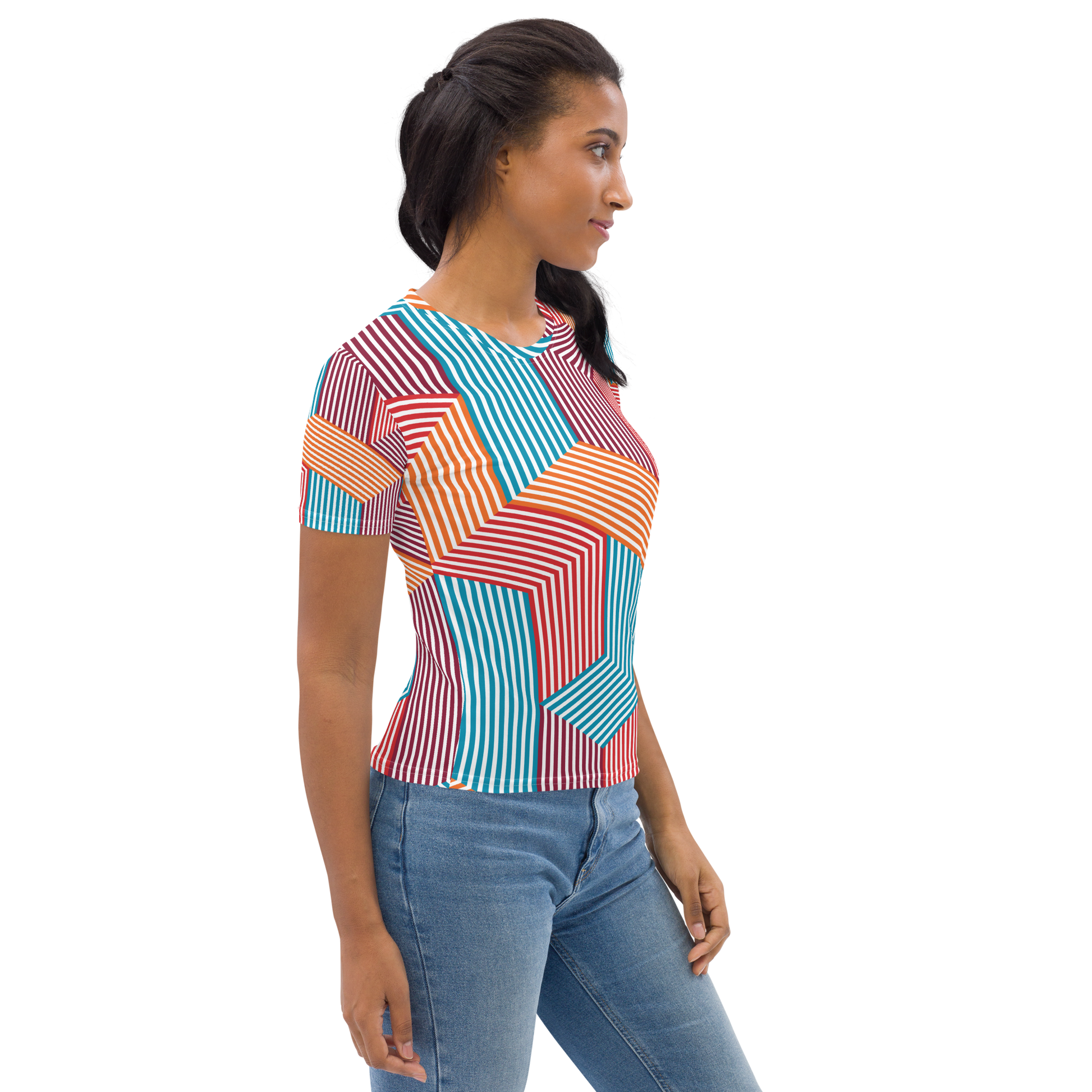 Crew neck t-shirt with geometric stripes in turquoise, red, and orange.