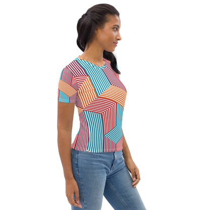 Crew neck t-shirt with geometric stripes in turquoise, red, and orange.