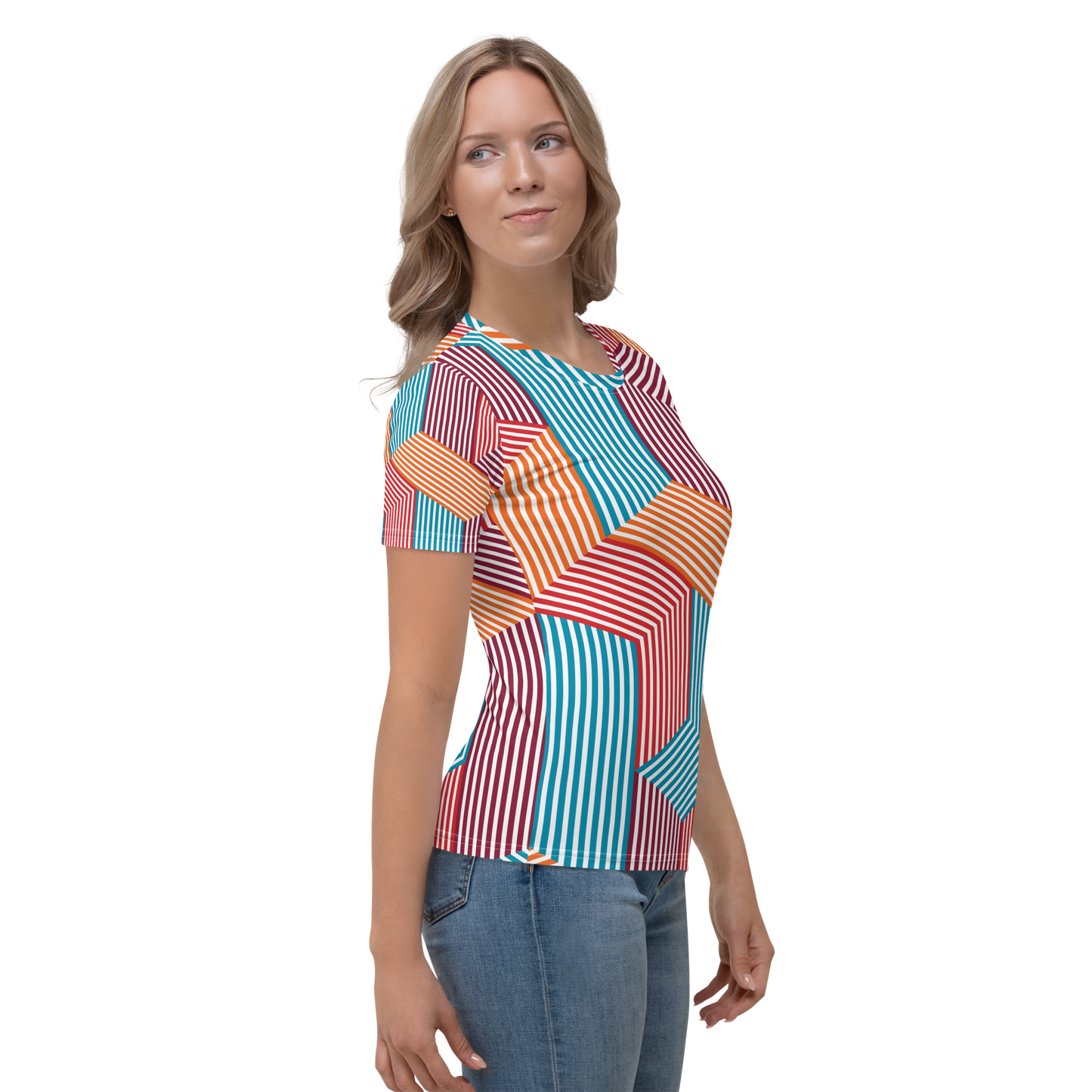 Crew neck t-shirt with turquoise, red, and orange angular striped pattern.