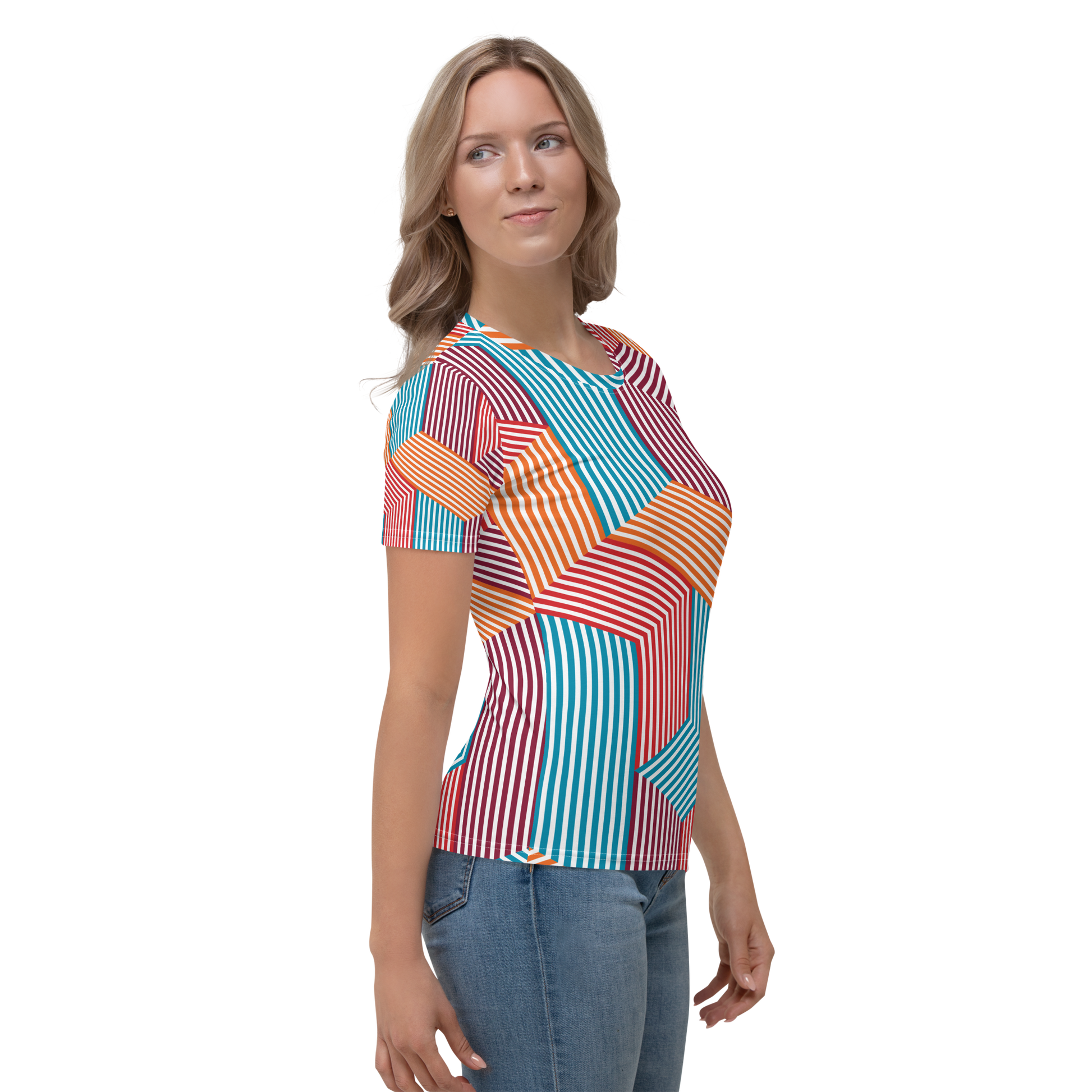 Crew neck t-shirt with turquoise, red, and orange angular striped pattern.