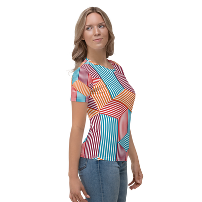 Crew neck t-shirt with turquoise, red, and orange angular striped pattern.