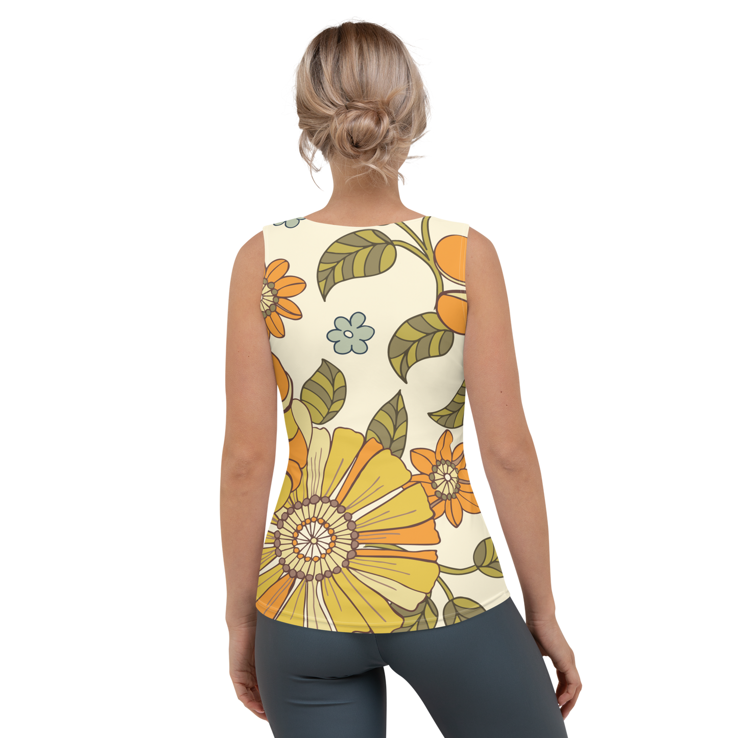 Cream tank top with large orange yellow and green retro floral print.