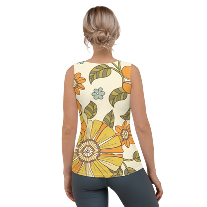 Cream tank top with large orange yellow and green retro floral print.