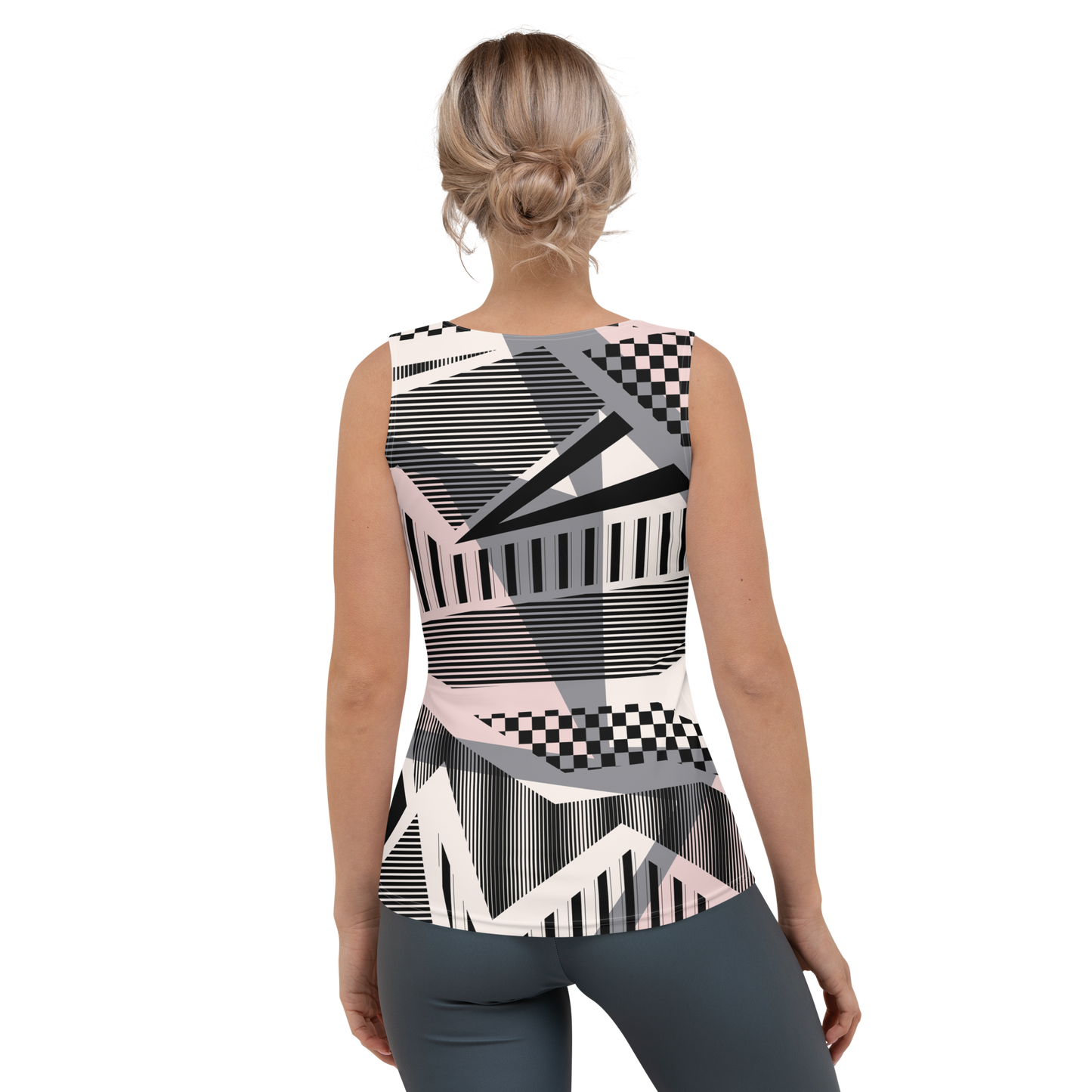 Monochrome tank top with geometric shapes and yellow accent blocks.