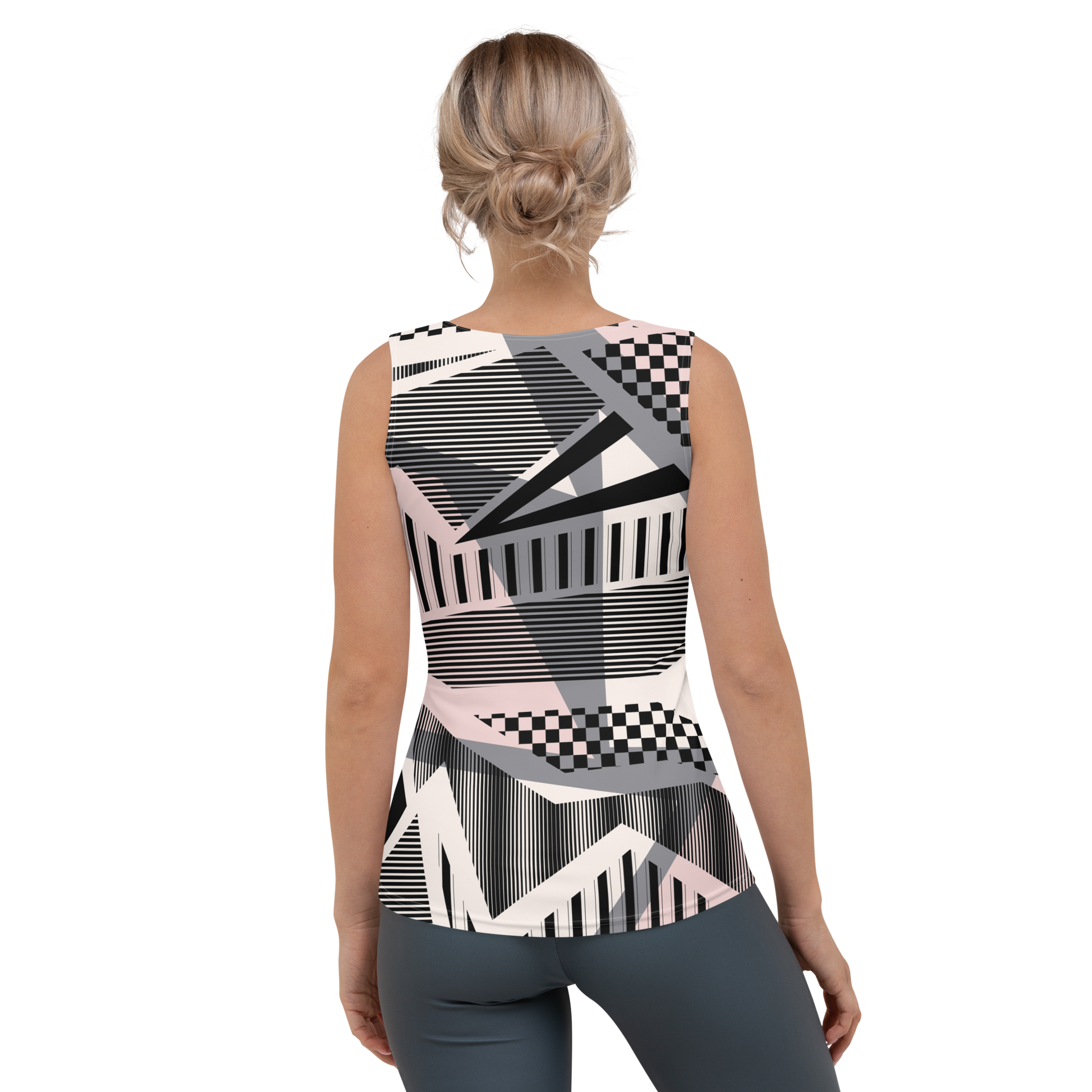 Monochrome tank top with geometric shapes and yellow accent blocks.
