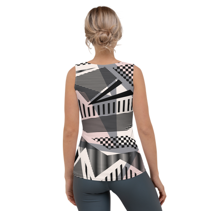 Monochrome tank top with geometric shapes and yellow accent blocks.