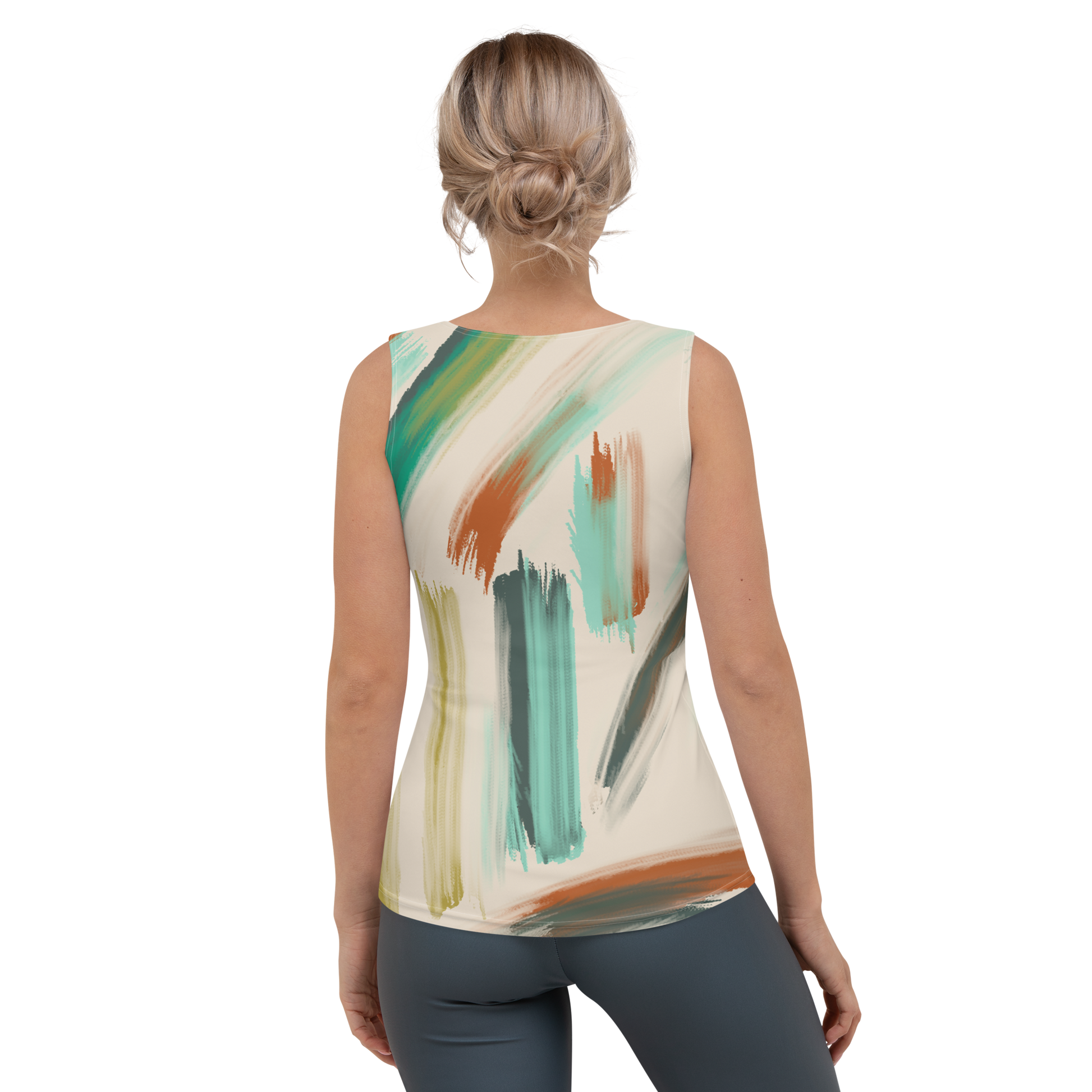Sleeveless tank top with aqua, terracotta, and teal brushstroke pattern.