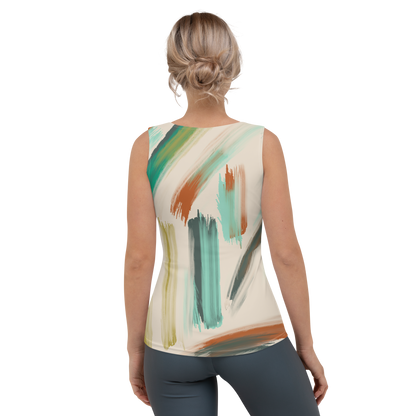 Sleeveless tank top with aqua, terracotta, and teal brushstroke pattern.