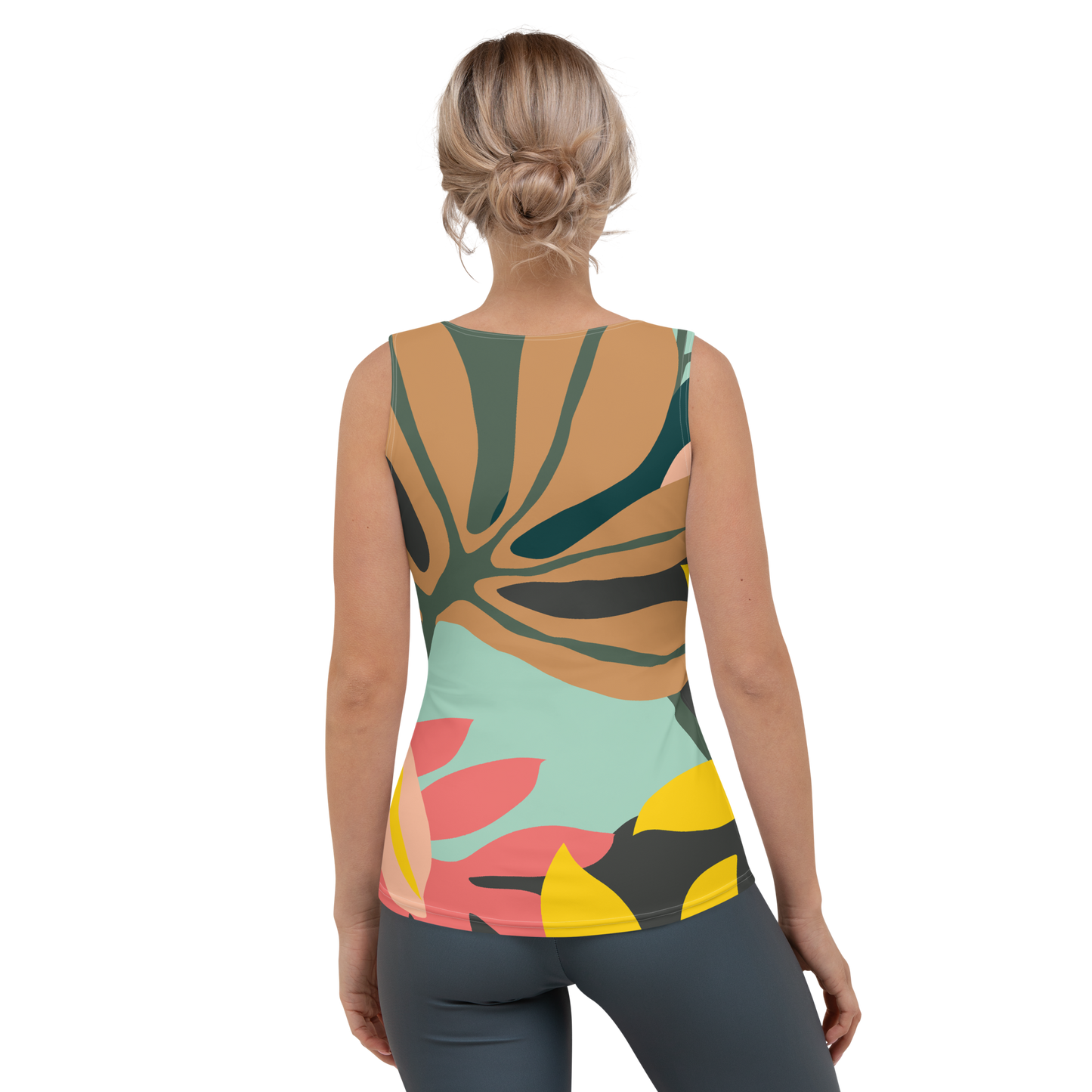Tank top with golden, pink, brown, and green abstract blooming leaves.