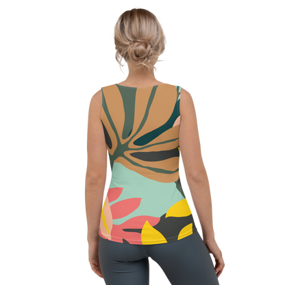 Tank top with golden, pink, brown, and green abstract blooming leaves.