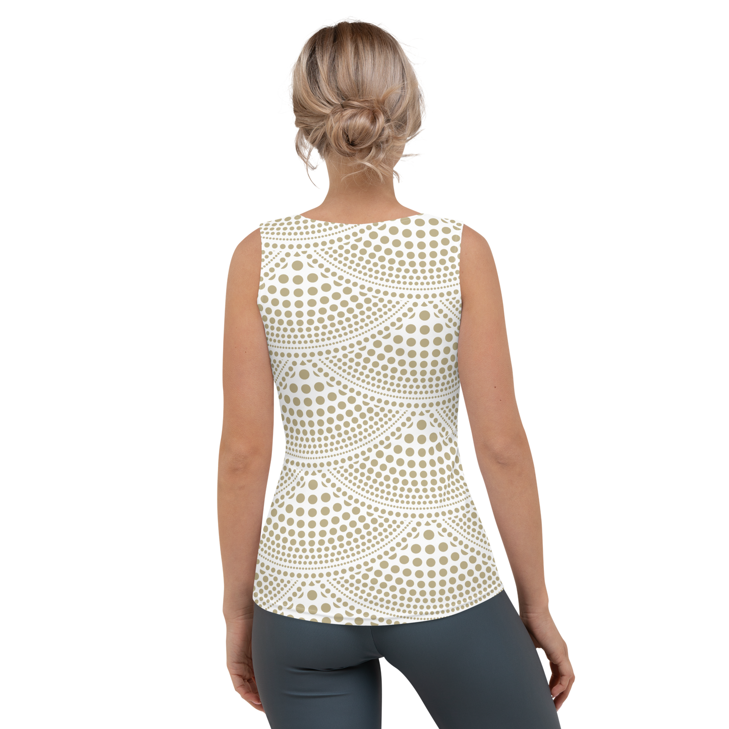 Cream tank top with light beige dotted arc pattern and geometric repetition.