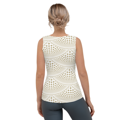 Cream tank top with light beige dotted arc pattern and geometric repetition.