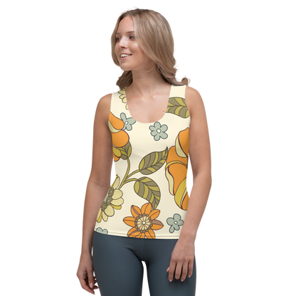 Cream tank top with oversized orange and yellow retro floral pattern.