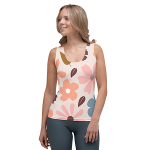 Peach and blush floral tank top with large brown and pink flower prints.