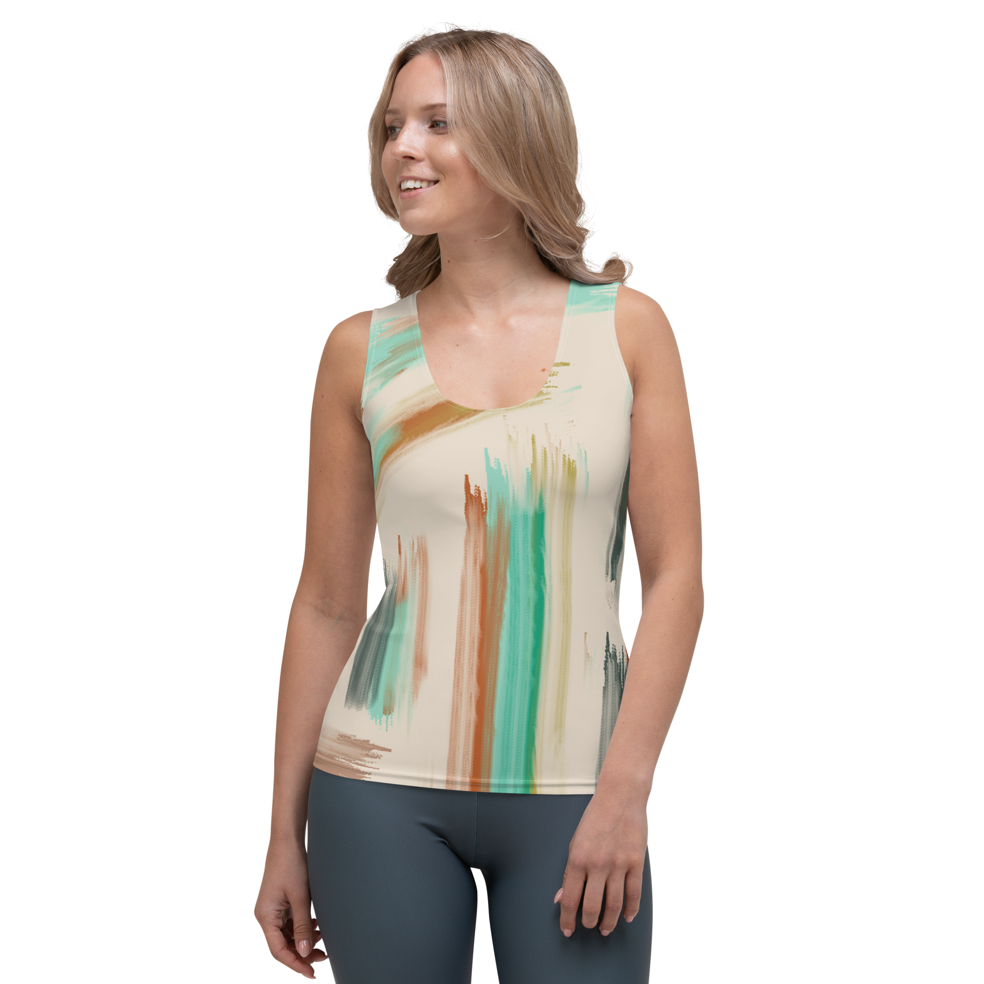 Sleeveless tank top with aqua, teal, terracotta, and beige abstract strokes.